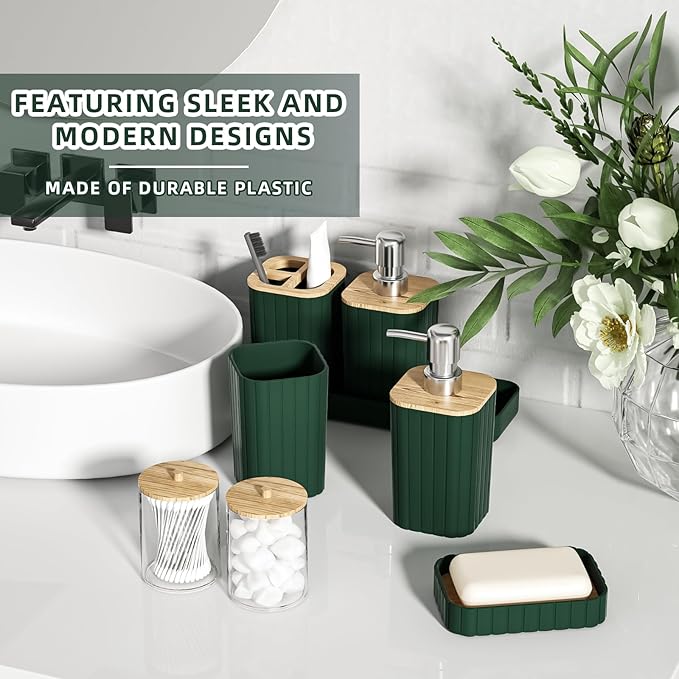 XLHOMO Bathroom Set - Elegant Green Bathroom Set, 10PC Green Bathroom Accessories Set, Bathroom Sets with Toilet Brush, Bathroom Trash Can