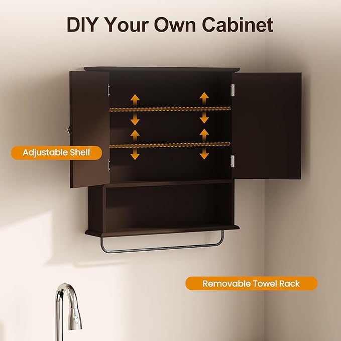 RoyalCraft Bathroom Medicine Cabinet Wall Mounted, Over the Toilet Storage Cabinet with Towel Rack and Adjustable Shelf, Large Bathroom Towel Cabinet Wall Mount 22x25 inch (Brown)