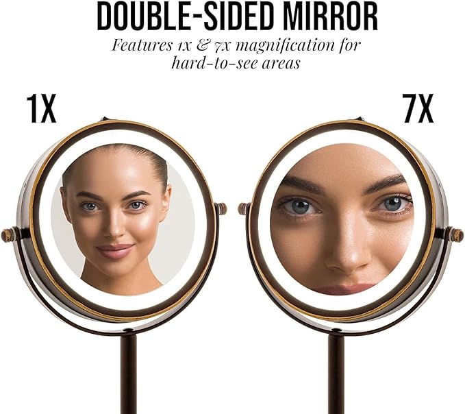 OVENTE 6" Lighted Makeup Mirror with 1X/7X Magnification, Cordless Tabletop Mount Vanity Round Mirror with 360° Swivel Design and Double Sided Cool Tone LED Ring Light, Antique Bronze MLT60ABZ1X7X