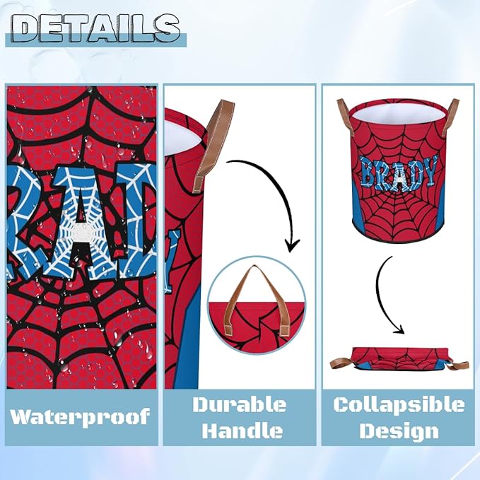 Spider Wed Personalized-Laundry-Hamper-Basket for Kids Custom Name Collapsible Storage Organizer Bin Dirty Clothes Toys Hamper for Boys Nursery in Laundry, Bedroom, Bathroom Wed-3