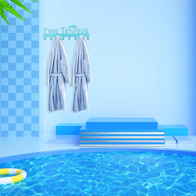 IBosins Pool Towel Rack with 8 Hooks, Towel Holder Wall Mounted for Outdoor or Bathroom, Towel Hanger for Hanging Bathrobes, Towels, Clothes - Perfect Pool Area Outside Sign and Decor (Blue)