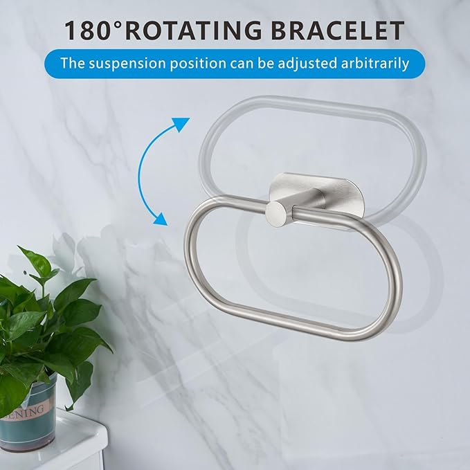 Towel Bar/Bath Towel Ring, Self Adhesive Hand Towel Ring for Bathroom, Stainless Steel Sticky Hand Towel Holder, No Drilling Modern Round Towel Hanger Wall Mounted (Brushed Nickel)