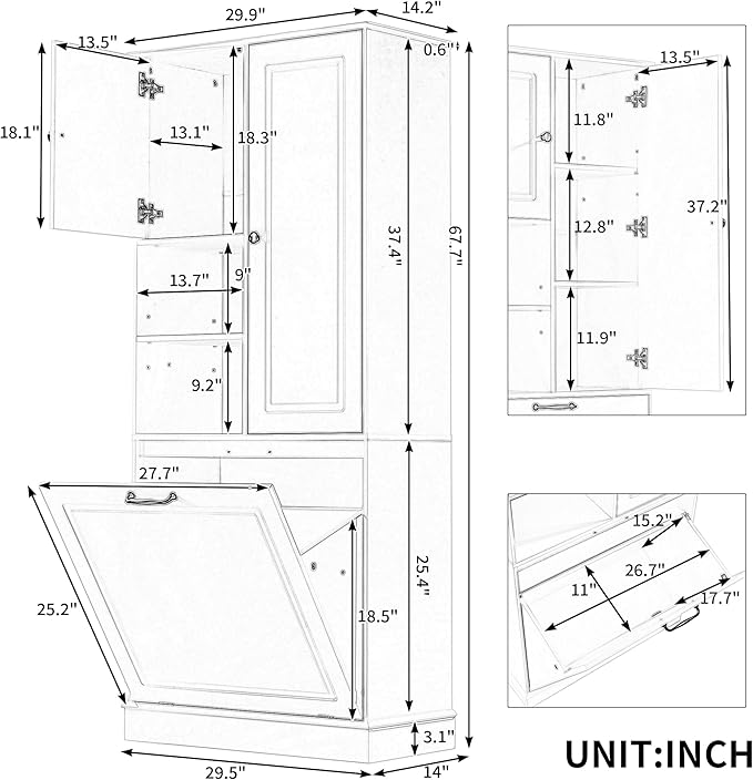 Virubi Tall Laundry Cabinet with Tilt Out Hamper, Wood Tall Laundry Room Cabinets with Doors, and Adjustable Shelves, for Bathroom Storage Organization, Freestanding, Oak