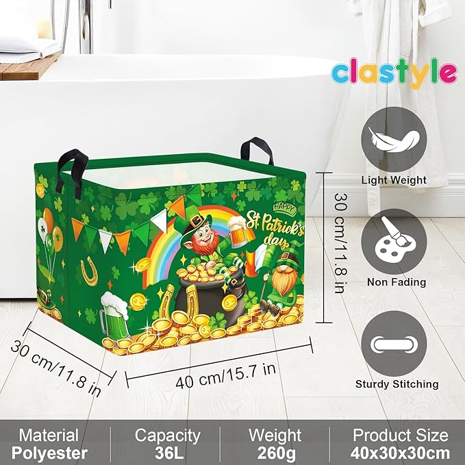 Clastyle Saint Patrick's Day Storage Basket Four Leaf Clover Clothes Book Toy Shelf Basket Kid Room Decor Gift Storage Bin Organizer,Leprechaun,40x30x30 cm