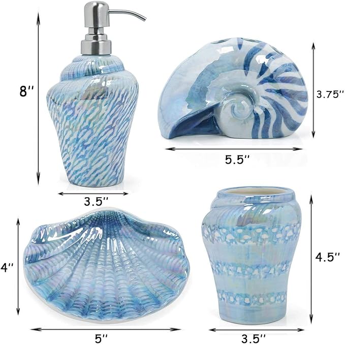 Ocean Conch Sea Shell Ceramic Bathroom Accessories Set of 4,1 Gargle Cups 1 Toothbrush Holders 1 Soap Dishes 1 Soap Dispenser (Blue)