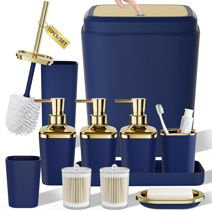 Bathroom Set — Blue Bathroom Accessories Set, 11PC Bathroom Accessory Set, Blue Bathroom Set with Push-lid Trash Can, 3PC Soap Dispensers, Toilet Brush & Qtip Holders