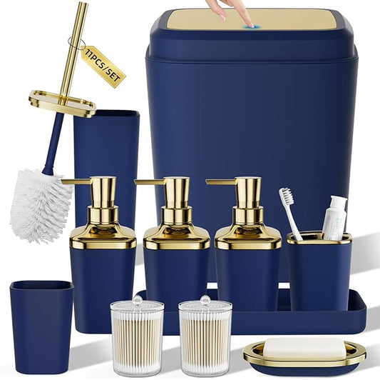 Bathroom Set — Blue Bathroom Accessories Set, 11PC Bathroom Accessory Set, Blue Bathroom Set with Push-lid Trash Can, 3PC Soap Dispensers, Toilet Brush & Qtip Holders