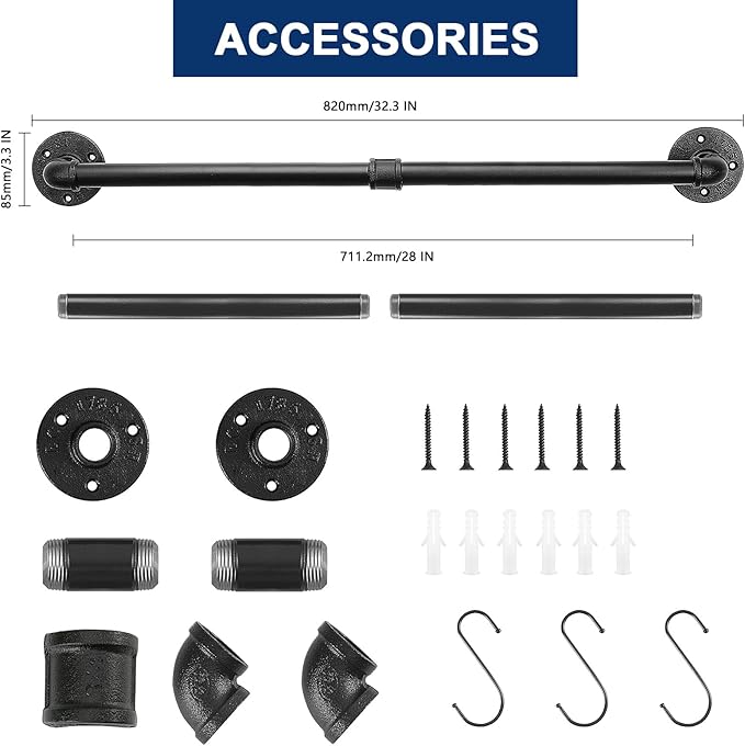 NearMoon Industrial Pipe Towel Bar, Heavy Duty Bathroom Hardware Towel Holder Accessory, Wall Mounted DIY Rustic Iron Bathroom Towel Rack Holder (28 Inch, Black)