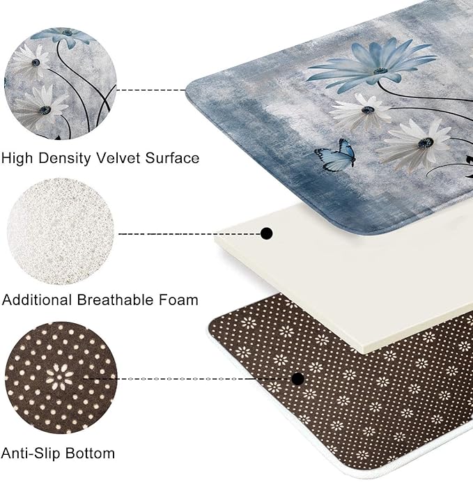 ArtSocket Daisy Flowers Butterfly Bathroom Set with Shower Curtain and Bath Rugs and Accessories,Abstract Blue Grey Non-Slip Shower Curtain Set,Bathroom Decor 3 Pcs