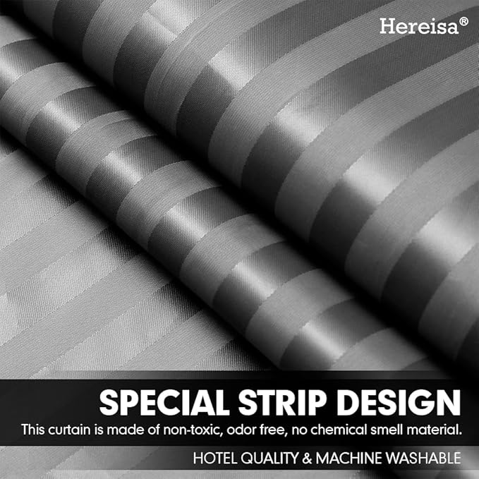 Strip Grey Fabric Shower Curtain with Magnets - 85 GSM Heavy Duty Waterproof Bath Curtain, 12 Reinforced Metal Grommets (72x72 Inches)