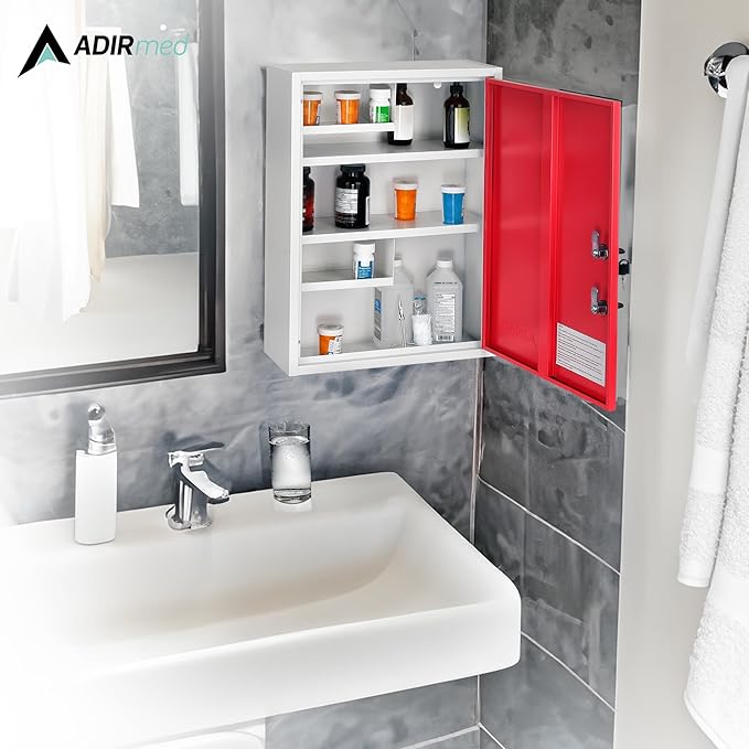 AdirMed Locking Medicine Cabinet Wall Mounted First Aid Cabinet with Lock, Lockable Wall Medicine Cabinet with Dual Lock and Dual Keys, 21" H x 16" W x 6" D, Red