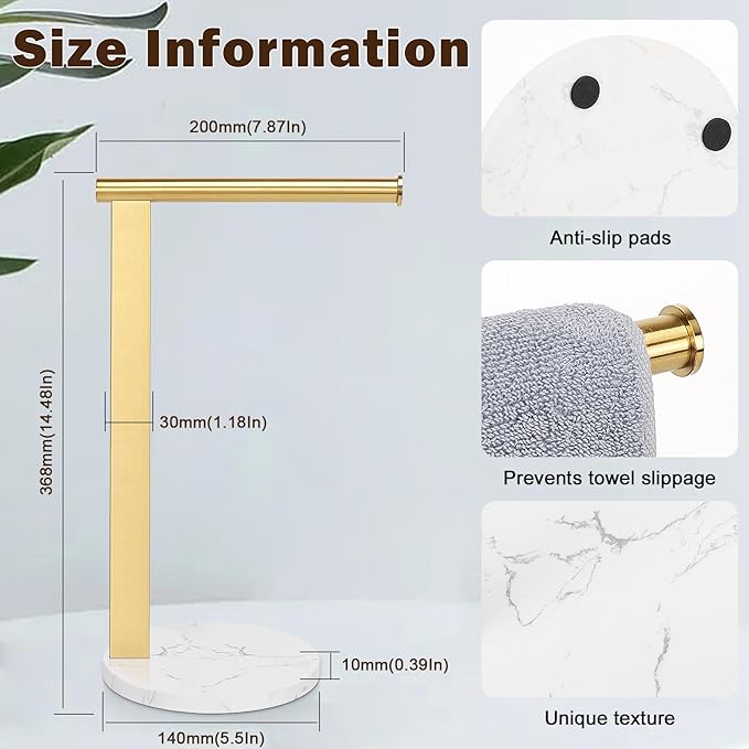 Hand Towel Holder Stand for Bathroom, L- Shaped Standing Hand Towel Rack, Towel Bar Kitchen Vanity Countertop Organizer, SUS304 Stainless Steel Material (Marble Base, Gold)