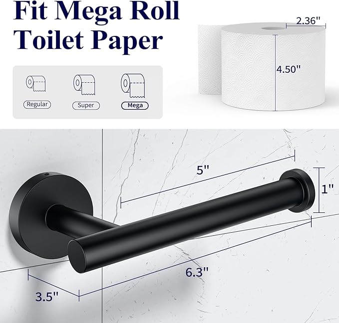 Kitsure Toilet Paper Holder Wall Mount - Sturdy Round Matte Black Toilet Paper Holder for Mega Roll, Premium 304 Stainless Steel Toilet Paper Roll Holder for Bathroom, Washroom, Black