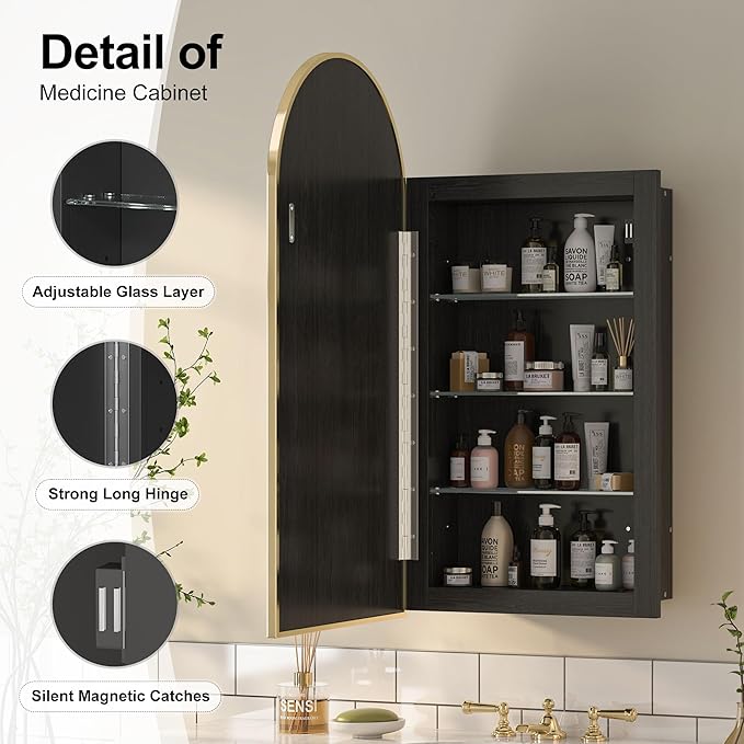 Recessed Medicine Cabinet Mirror,Brushed Brass Gold Arched Medicine Cabinet with Mirror for Bathroom,Metal Edge Mirrored Medicine Cabinets,in Wall Arch Mirrored Cabinets with Storage 16x31