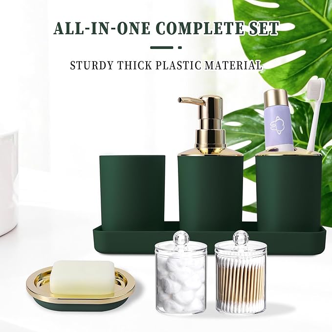 BSSN Green Bathroom Accessories Set, Luxurious 9-Piece Bath Decor Set with Trash Can, Toilet Brush, Gold Pump Soap Dispenser, Multi-Slot Toothbrush Holder, Qtip Jars, Vanity Tray and Tumbler
