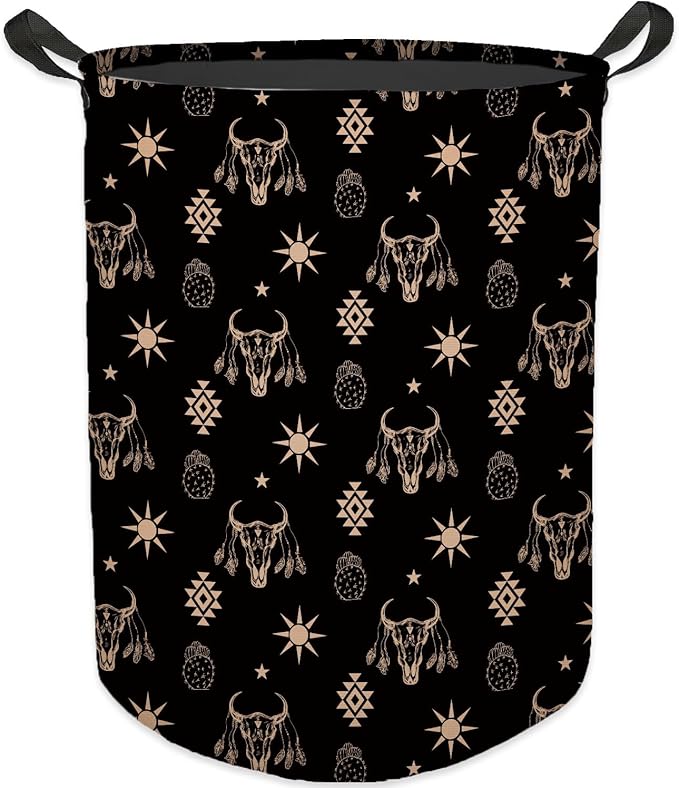 Western Aztec Bull Skull Laundry Basket, Toybox for Boys Girls Room, Western Laundry Basket Hamper Waterproof Collapsible Clothes Toys Storage Bin Organizer for Bedroom Bathroom Kids Room Dorm