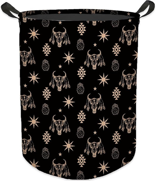 Western Aztec Bull Skull Laundry Basket, Toybox for Boys Girls Room, Western Laundry Basket Hamper Waterproof Collapsible Clothes Toys Storage Bin Organizer for Bedroom Bathroom Kids Room Dorm