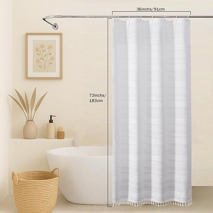 OVZME White Boho Stall Shower Curtain, Narrow Soft Fabric Striped Textured Bathroom Shower Curtain with Tassel, Modern Farmhouse Machine Washable Bath Decor, White, 36Wx72L Inches