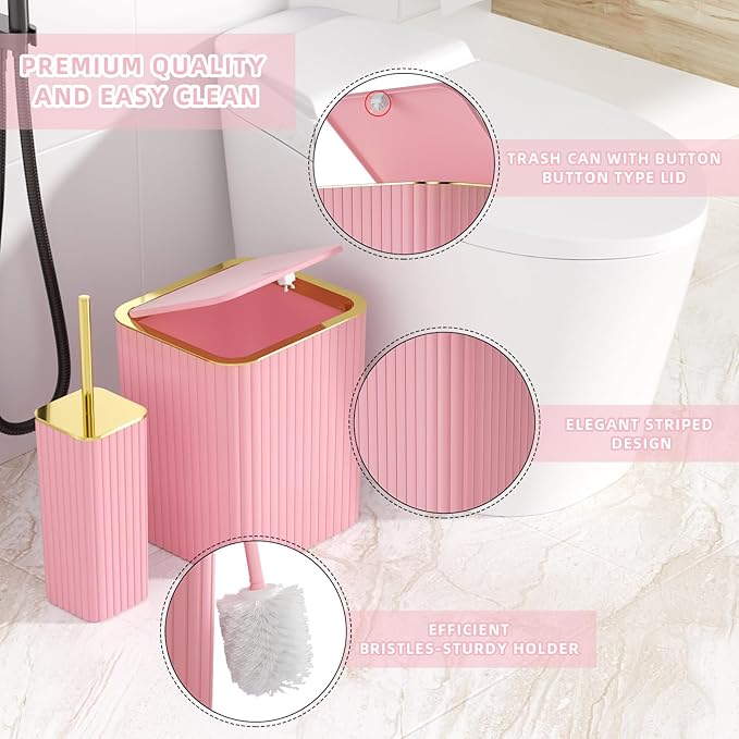 XLHOMO Bathroom Accessory Set - 26PC Bathroom Shower Curtain and Rug Set, Bathroom Accessories Set, Pink Bathroom Set with Trash Can, Toilet Brush, Qtip Holder & Soap Dispenser
