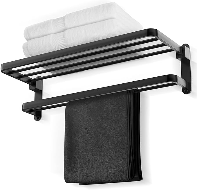BOZWELL Bathroom Lavatory Towel Rack with Two Towel Bars,20-Inch Towel Holder with Shelf BZ105-A (Matte Black)
