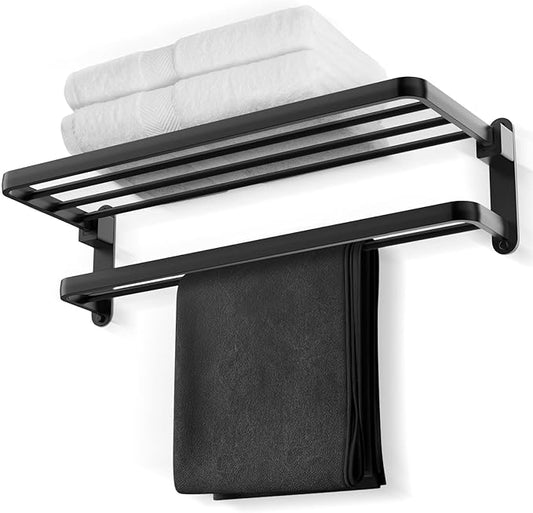 BOZWELL Bathroom Lavatory Towel Rack with Two Towel Bars,20-Inch Towel Holder with Shelf BZ105-A (Matte Black)
