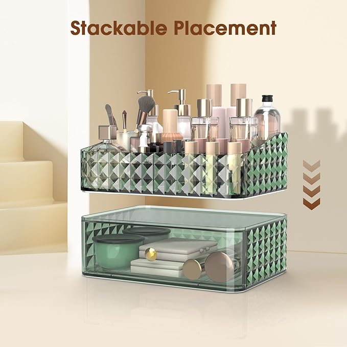 Soimeat Makeup Organizer for Vanity, Stackable Cosmetics Organizer, Cosmetic Display Cases with 1 Drawers and 1 Tray, 2 Layers, Green, FXHZJ-G2