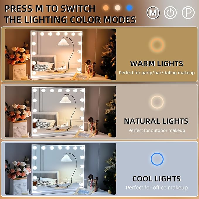Hansong Vanity Mirror with Lights: Hollywood Lighted Makeup Mirror with 15 LED Bulbs, 22.8''x18'' Light Up Mirror with 3 Colors Modes for Desk, Large Mirrors with USB Charging Port for Bedroom, White