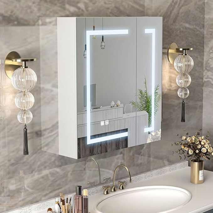 Medicine Cabinet with Lights,Bathroom Medicine Cabinet with Mirror 2 Doors,Lighted Led Mirrored Medicine Cabinets with Defogger,Wall Mounted,24x26 Inch
