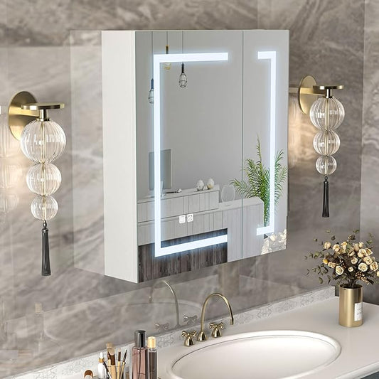 Medicine Cabinet with Lights,Bathroom Medicine Cabinet with Mirror 2 Doors,Lighted Led Mirrored Medicine Cabinets with Defogger,Wall Mounted,24x26 Inch