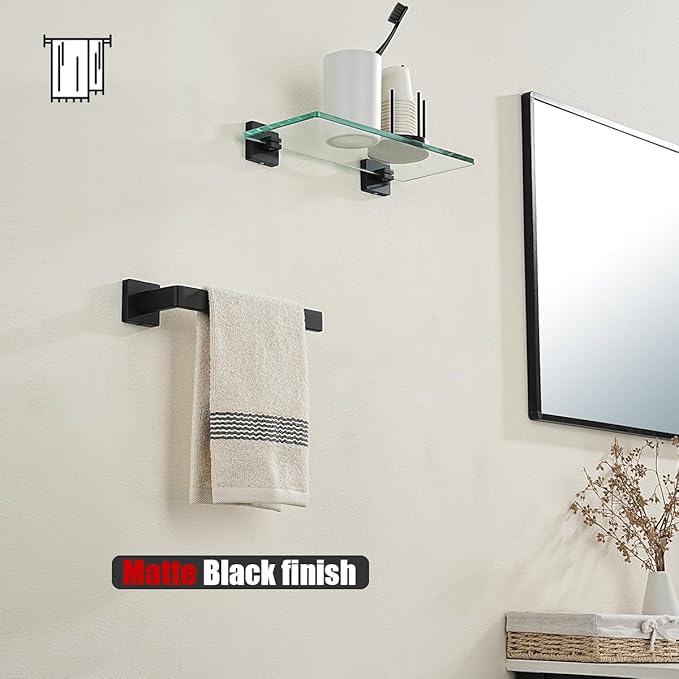 JQK Hand Towel Holder Towel Ring Gold, Thicken 0.8mm 304 Stainless Steel Bathroom Hand Towel Bar, 9 Inch Wall Mount Towel Rack Hanger, Matte Black, THH250L9-PB