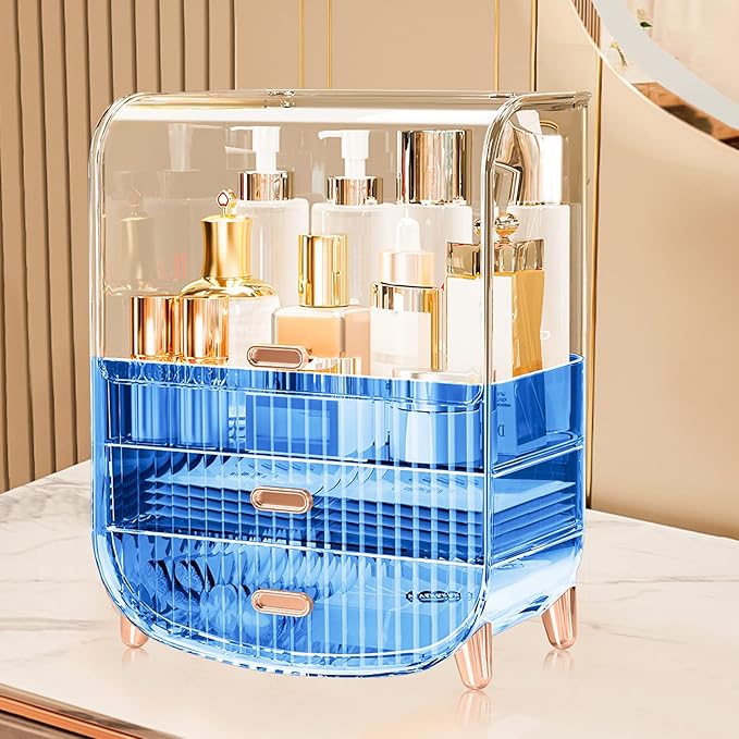 Ergocar Portable Transparent PET Series Multi-Function Make Up Case Dustproof Cosmetic Storage Box, Cosmetics Skin Care Products Jewelry Organizer Case Lipstick Box - Blue Three Layers