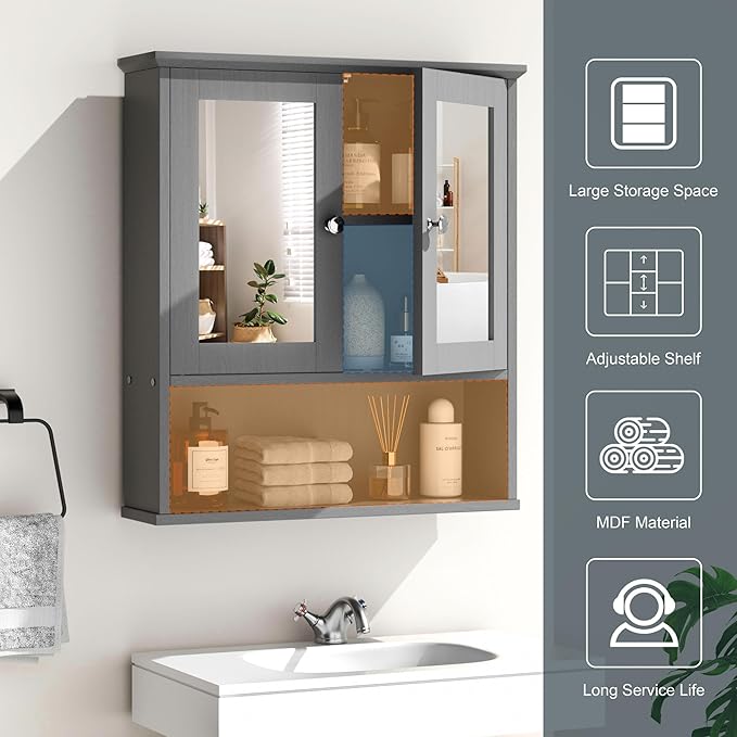 DL-win Medicine Cabinets with Mirror, Wall Mounted Bathroom Cabinet with Adjustable Shelves, Grey Storage Organizer for Toiletries, Towels & Daily Essentials
