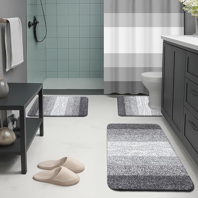 Britimes Grey Stripes Bathroom Sets with Shower Curtain and Rugs, Ombre Modern Minimalist Striped Waterproof Shower Curtain Liner and Soft Non Slip Bath Mat for Bathroom Decor and Accessories Hooks