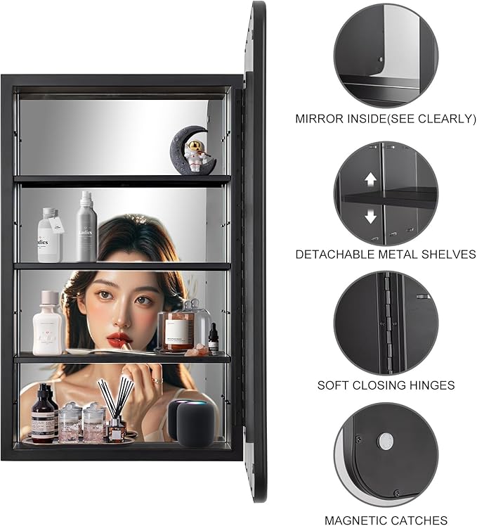 Black Bathroom Medicine Cabinet with Mirror 21 x 34 Metal Frame Recessed Or Wall Mounted Single Door Storage Medicine Cabinets with Adjustable Shelves Rounded Corner Beveled Mirrors