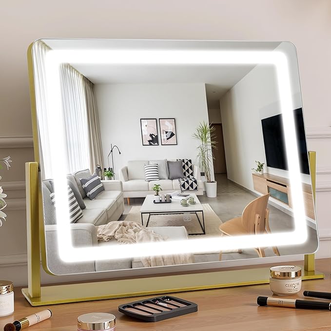 Vanity Mirror with Lights 22"×17", Large LED Makeup Mirror with Light, Smart Touch with 3-Color Lighting, Dimmable, 360° Rotation, HD Desk Mirror, Vanity Mirror Tabletop (Gold)