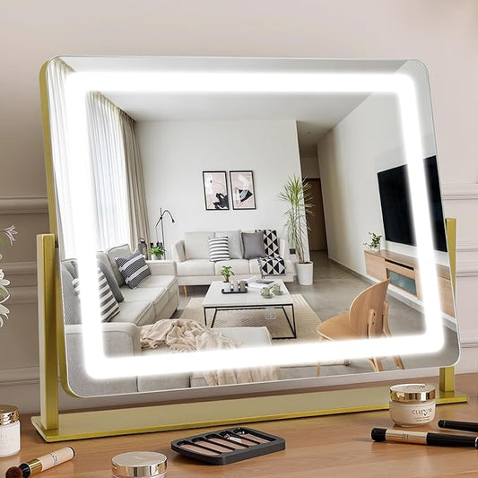 Vanity Mirror with Lights 22"×17", Large LED Makeup Mirror with Light, Smart Touch with 3-Color Lighting, Dimmable, 360° Rotation, HD Desk Mirror, Vanity Mirror Tabletop (Gold)