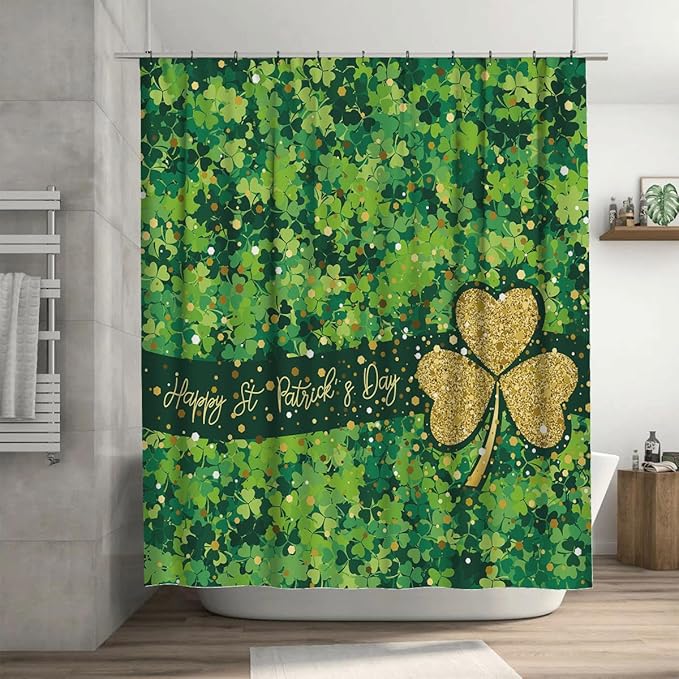 Ansouyi 4Pcs Bathroom Shower Curtain Sets with Non-Slip Rugs, Toilet Lid Cover and Bath Mat, St Patricks Day Shamrock Durable Waterproof Shower Curtain for Bathroom Set, 72x72 Inch