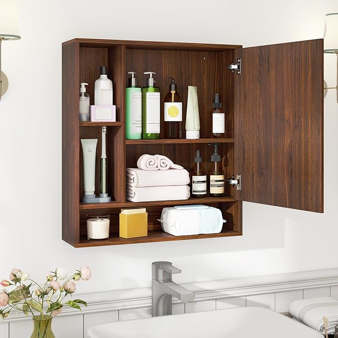 Giantex Bathroom Medicine Cabinet with Mirror, Wall Mounted Medicine Cabinet w/Single Door, 3 Open Shelves & Adjustable Shelf, Space-Saving Hanging Storage Cabinet for Living Room, Hallway (Walnut)