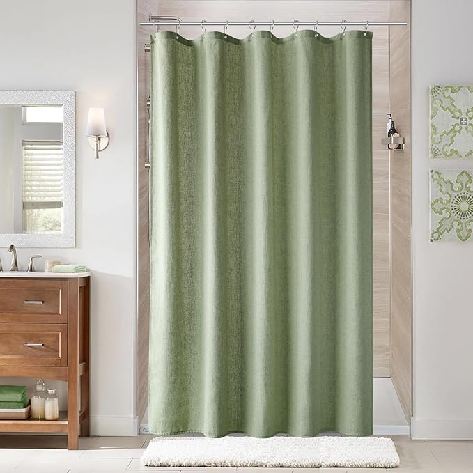 Naturoom 54 Inch Shower Curtain - Stall Narrow Half Green Linen Ultra Thick Fabric Shower Curtain Set with Hooks, Boho Farmhouse Rustic RV Camper Bath Curtains for Bathroom, Sage Green, 54 x 78