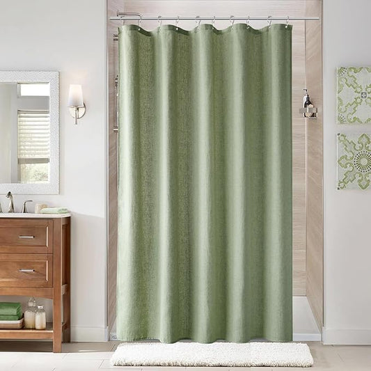 Naturoom 60 Inch Shower Curtain - Stall Narrow Half Green Linen Ultra Thick Fabric Shower Curtain Set with Hooks, Boho Farmhouse Rustic RV Camper Bath Curtains for Bathroom, Sage Green, 60 x 72