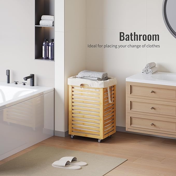 Laundry Hamper with Wheels,Rolling Laundry Basket with Removable Bag,Bamboo Clothes Hampers with Handles for Clothing, Bathroom, Bedroom, Laundry Room (Natural)