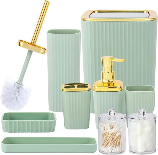 Bathroom Accessory Set,9 Pieces Light Green Bathroom Accessories Set with Trash Can, Toothbrush Holder, Soap Dispenser, Toothbrush Cup, Vanity Tray, Soap Dish, Toilet Brush, Qtip Holder