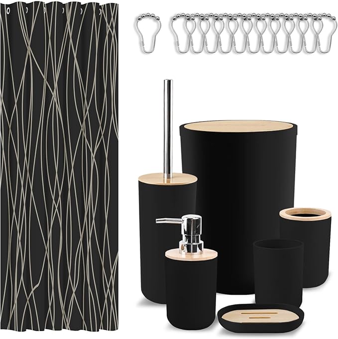 Britimes Bathroom Accessories Set, 19PC Black Shower Curtain Set with Trash Can, Soap Dispenser, Toilet Brush Holder, Toothbrush Holder and Toothbrush Cup for Bathroom Decor