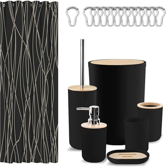 Britimes Bathroom Accessories Set, 19PC Black Shower Curtain Set with Trash Can, Soap Dispenser, Toilet Brush Holder, Toothbrush Holder and Toothbrush Cup for Bathroom Decor