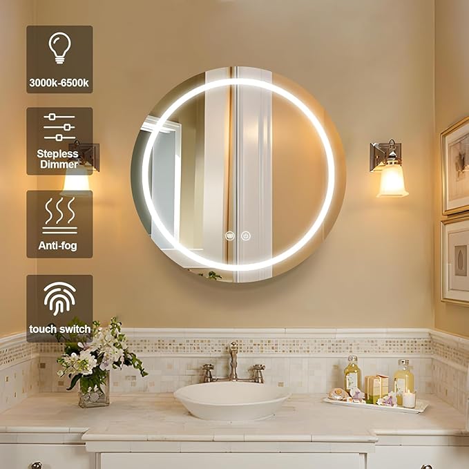 Round Medicine Cabinet with Light,3 Color Temperature,Dimmer,Defogger,32inch,White