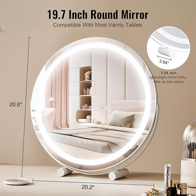 VEVOR 20” Vanity Mirror with Lights, LED Makeup Mirror 3 Color Lighting Modes, with 5X Magnification Mirror, Smart Touch Control, 360°Rotation,Round Lighted Makeup Mirror for Bedroom Tabletop (White)