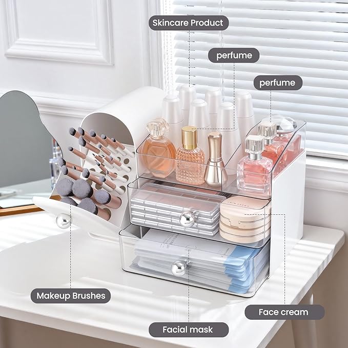 Makeup Organizer,Vanity Organizer with Makeup Brush Holder,Large Skincare Organizers and Bathroom Countertop Organizer,Storage Lipstick,Perfume,Nail Polish,Beauty,Mothers Day Gifts for Women