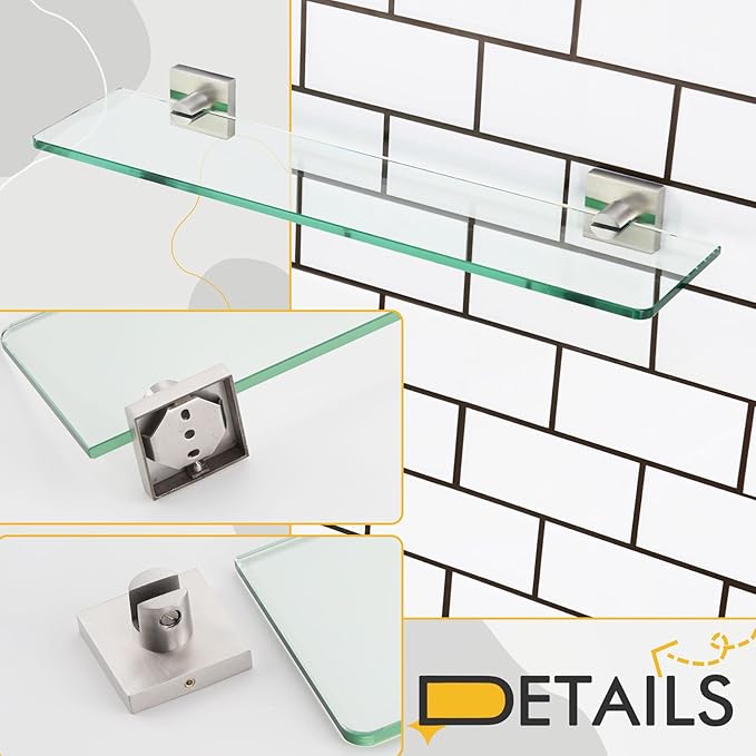 KOKOSIRI Floating Shelves Wall Mount 20-Inch Bathroom Tempered Glass Shelf for Kitchen Storage Shower Hanging Rack, Brushed Stainless Steel B1107BR-L20