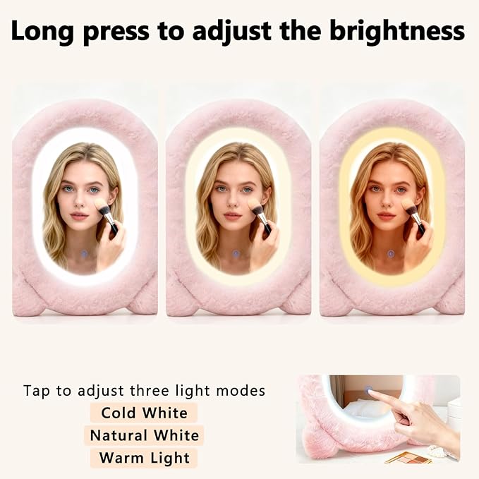 Lighted Makeup Mirror, 12”x16” Vanity Mirror with 3 Colors, Fur Wrapped Cosmetic Light Up Mirror Smart Touch Dimmable 3 Modes Light Tabletop Compact Mirror for Women Girlfriend Gift (Pink)