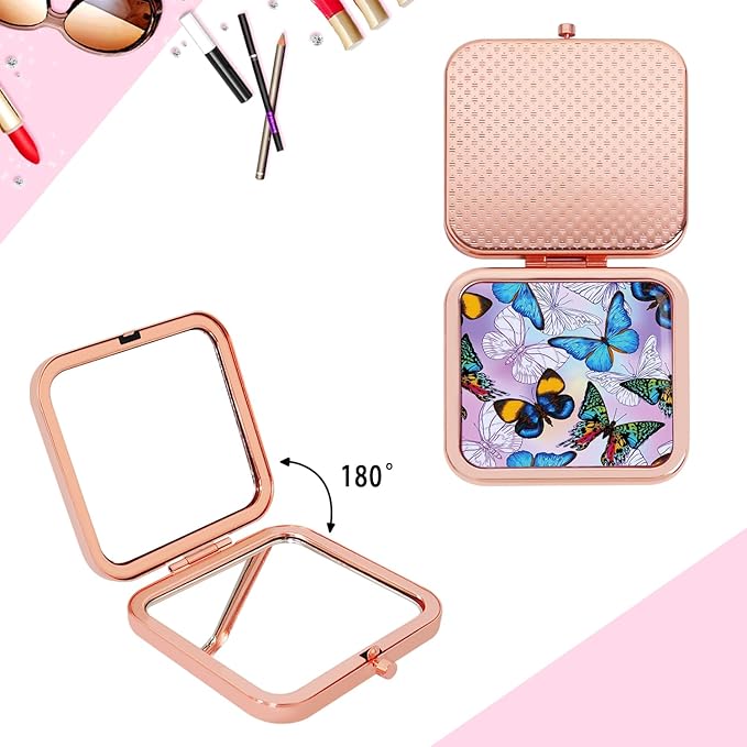 Compact Mirror for Purse, Double-Sided 1X/2X Magnifying Metal Pocket Makeup Mirrors(Square, Rose Gold Butterfly)